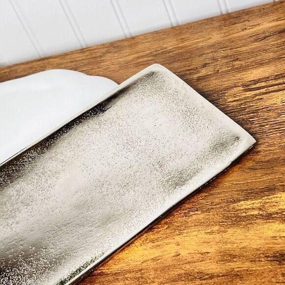 RARE Mud Pie Olive Wood Oliven Leaf Decoration Silver Serving Tray Woodcraft 12“ - Picture 5 of 11